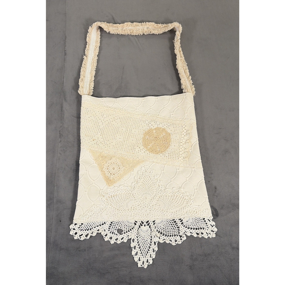 Frabric & Crocheted Lace Embroidered Tote Handmade Ivory Benefits Charity